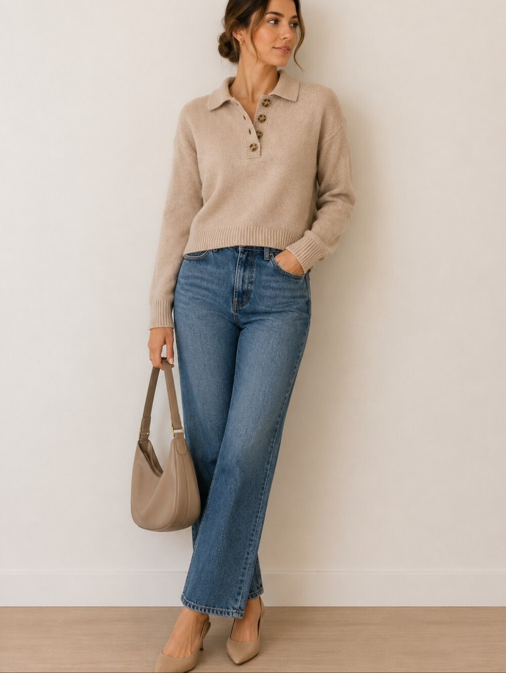 Beige Button-Up Women's Sweater